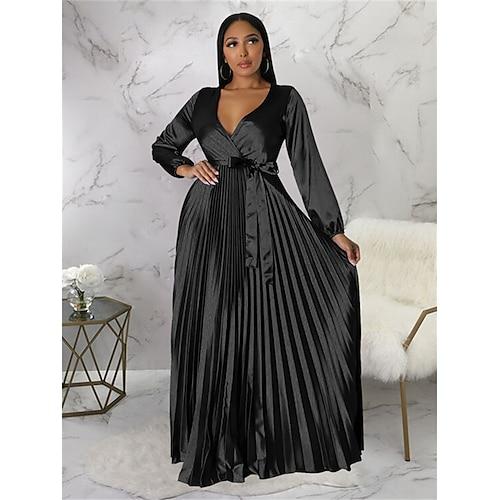 Damen kleid lang abendkleider Etuikleid Schaukelkleid Einfarbig Modisch Romantisch Party kleid hochzeitsgast Cocktailparty Gefaltet Mit Gürtel Langarm V Ausschnitt Kleid Regular Fit Schwarz Weiß Blau