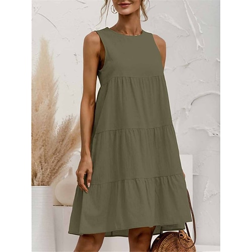 Damen Minikleid Baumwoll Mischung Shiftkleid Sommerkleid Freizeitkleid Basic Lässig Täglich Outdoor Normale Passform Einfarbig Ärmellos Rundhalsausschnitt Hellblau Armeegrün Schwarz Rosa Sommer Image