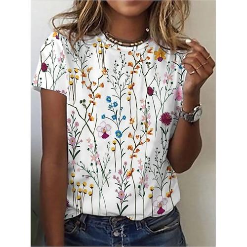 Damen T-Shirt Basic Blumen Patchwork Print Kurzarm Normal Oberteile Rundhals lässig Alltag Urlaub weiß