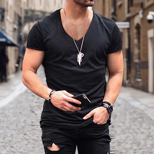 Herren T Shirt T-Shirt Kurze Ärmel V Ausschnitt Sommer Einfach Designer Basic Moderne zeitgenössische Klassicher Stil Urlaub Straße Ausgehen Schwarz Weiß Rosa Top T-Shirt für Herren Image