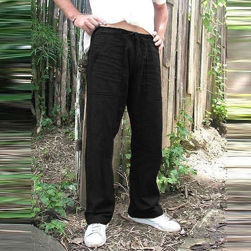 Herren Leinenhosen Hose Sommerhose Strandhose Kordelzug Tasche Elastisches Kordelzugdesign Einfach Leicht Atmungsaktiv Volle Länge Yoga Fitnessstudio Mode Streetwear Hellgrau Dunkelgrau Image