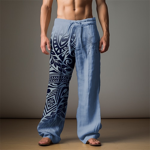 Herren Palmblatt Leinenhosen Hosen Hose Baggy-Hosen Mittlere Taille Vintage Outdoor Alltagskleidung Streetwear Herbst Winter Blau Grün Image