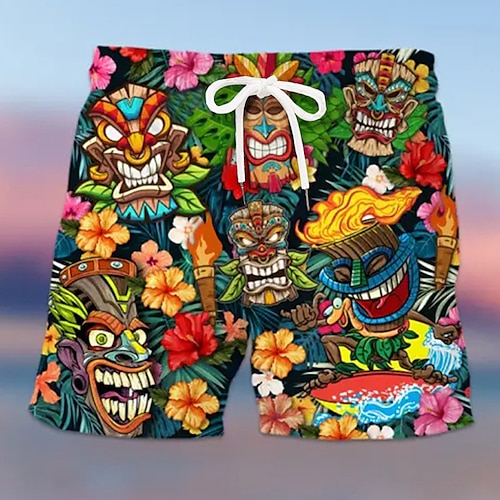 Herren Maske Blumen / Pflanzen Badeshorts Boardshorts Badeshorts Badehose Schwimmshorts Mittlere Taillenlinie Hawaiianisch Ethnisch Boho Casual Täglich Festtage Kordelzug mit Mesh-Futter Elastische Image