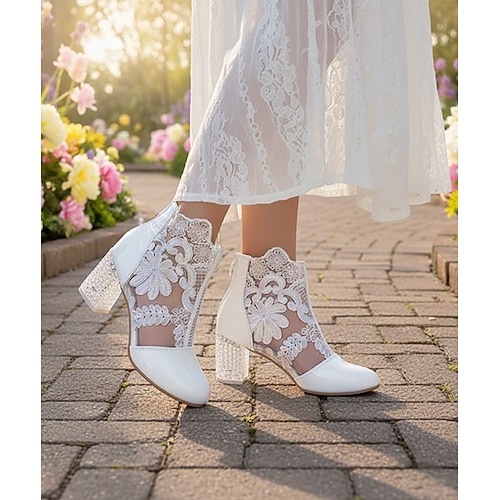 weiße Damen-Stiefeletten aus Spitze mit transparentem Blockabsatz – perfekt für Hochzeiten und besondere Anlässe Image
