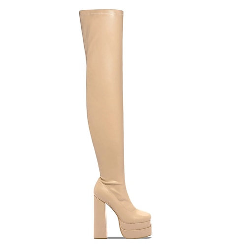 Overknee-Plateaustiefel für Damen – schwarz-weiße High Heel-Stiefel aus Stretch-Kunstleder für Fashion-Events und Partys Image