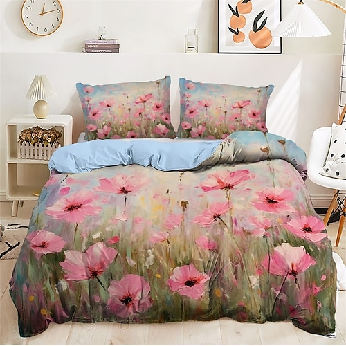 Ölgemälde-Blumenmuster-Bettbezug-Set, Bettdecken-Set, weiches 3-teiliges Luxus-Baumwoll-Bettwäsche-Set, Heimdekoration, Dämmerungsbettwäsche, Geschenk, King-Size-Bett, volle Größe Image