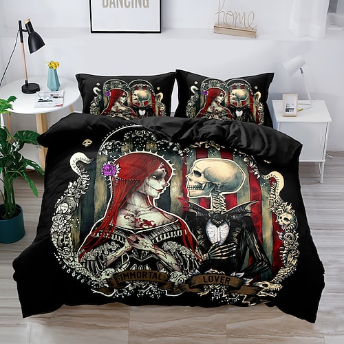 2 Teile/3 Teile 3D-Bettwäsche mit Totenkopf-Aufdruck, Bettbezug, Bettwäsche-Sets, Bettdeckenbezug mit 1 bedruckter Bettbezug oder Bettdecke, 2 Kissenbezüge für Doppelbett/Queen/King Image