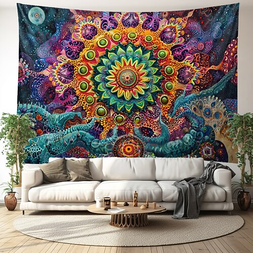 Buntes Mandala im Bohemian-Stil, zum Aufhängen, Wandteppich, Wandkunst, großer Wandteppich, Wanddekoration, Fotografie, Hintergrund, Decke, Vorhang, Zuhause, Schlafzimmer, Wohnzimmer, Dekoration Image