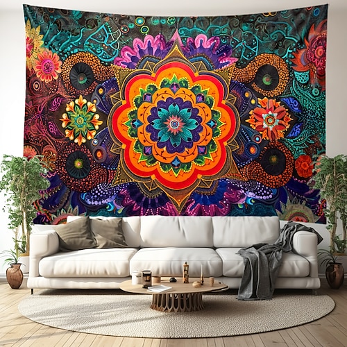 Buntes Mandala im Bohemian-Stil, zum Aufhängen, Wandteppich, Wandkunst, großer Wandteppich, Wanddekoration, Fotografie, Hintergrund, Decke, Vorhang, Zuhause, Schlafzimmer, Wohnzimmer, Dekoration Image