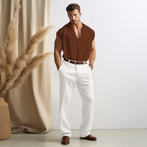 40 % Leinen Herren Leinenhose Hose Hosen Sommerhosen Tasche Gerade geschnitten Glatt Atmungsaktiv Komfortabel Büro / Geschäftlich Täglich Urlaub Klassisch Brautkleider schlicht Schwarz Weiß Image