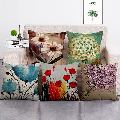1 Satz von 5 Stück Dekokissenbezüge moderne Ölmalerei Stil Blätter dekorative Dekokissen Kissen für Raumdekor Outdoor / Indoor Kissen für Sofa Couch Bett Stuhl Image