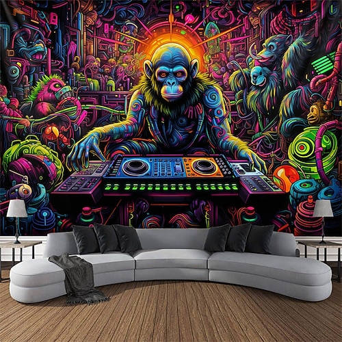 Schwarzlicht-Wandteppich, UV-reaktiv, leuchtet im Dunkeln, DJ, Schimpansen, Tier, trippig, neblige Natur, Landschaft, Glow Party, Wandteppich, Wandbild für Wohnzimmer, Schlafzimmer Image