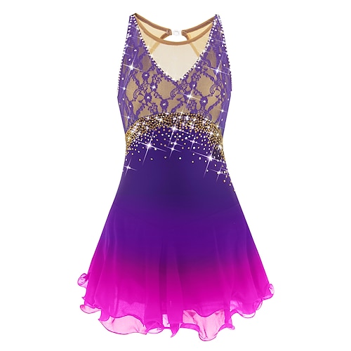 Eiskunstlaufkleid Damen Mädchen Eislaufen Kleider Dunkellila Weiß Gelb Rückenfrei Gitter Spandex Spitze Hochelastisch Wettbewerb Eiskunstlaufkleidung Mit Steinen verziert Strass Ärmellos Eislaufen Image