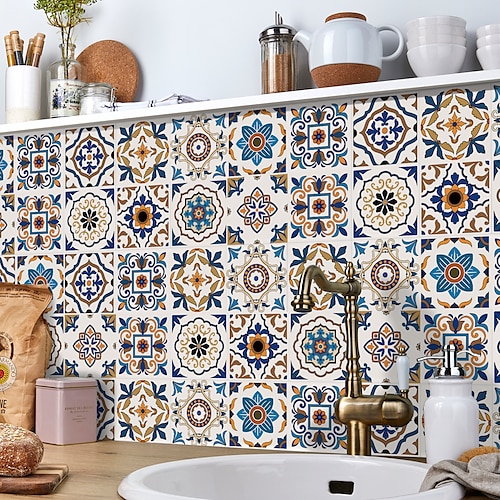 24/48 stücke kreative küche badezimmer wohnzimmer selbstklebende wandaufkleber wasserdichte retro mosaik fliesen aufkleber Image