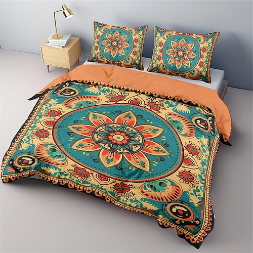 Bohemian-Mandala-Baumwoll-Bettwäsche-Set, leicht und weich, 2/3-teiliges Set, geeignet für Erwachsene und Kinder, Baumwoll-Bettwäsche-Set, King-Size-Bett, Bettbezug Image