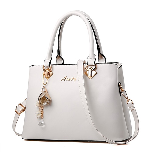 Elegante weiße Damenhandtasche aus Kunstleder mit goldenen Beschlägen und floralem Charme – stilvolle Schultertasche für den täglichen Gebrauch und besondere Anlässe