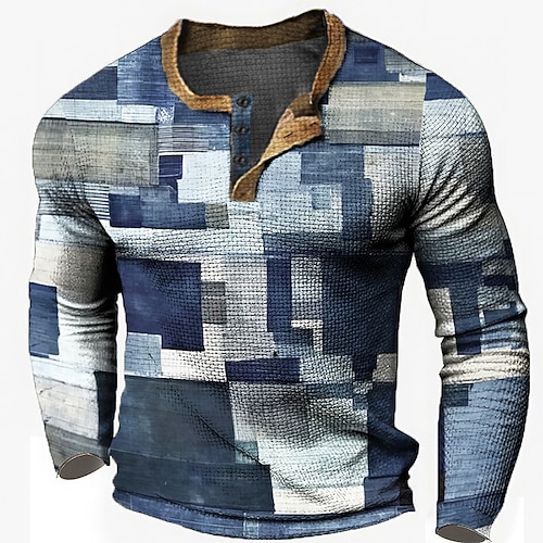 Herren Grafik Karomuster Henley Hemd Waffel-T-Shirt Langarm 3D-Druck Designer Lässig Vintage-Retro Sport im Freien Ferien Festival Frühling Herbst Blau Hellblau Marineblau Königliches Blau Image