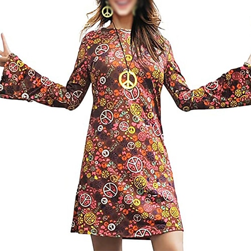 Hippie Retro Vintage 1970er Disko Kleid Kopfbedeckung Kopfbedeckungen Damen Kostüm Jahrgang Cosplay Party Abend Langarm Kleid Schlager Outfit Image