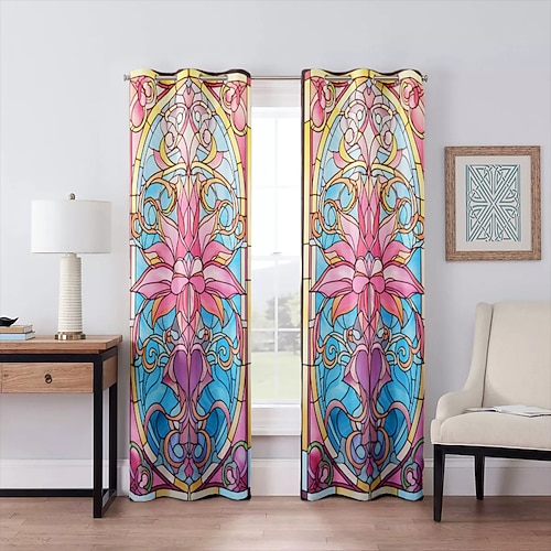 2 Paneele, 100 % Verdunkelungsvorhang, Buntglas-Muster, Vorhänge für Wohnzimmer, Schlafzimmer, Küche, Fenster, thermisch isolierte Raumverdunkelung Image
