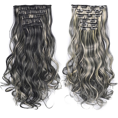 Clip in Haarverlängerung 20 Zoll 16 Clips langes Kunsthaar hitzebeständiges Haarteil natürliches gewelltes Ombre-Haarteil 6pcs / set Image