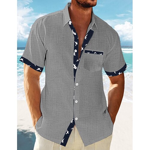 Herren leinenhemd Sommerhemd Strandbekleidung Knopfhemd Gestreift Urlaub Curise Weiß Blau Grün Khaki Kurzarm Kargen Frühling Sommer Bekleidung Grundlegend Image