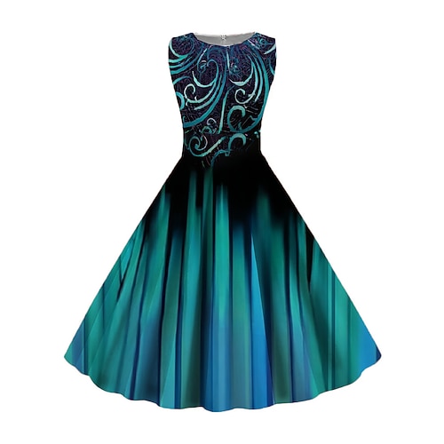 damen vintage elegant vintage tee kleider midi kleid daily date geraffter druck blumen rundhalsausschnitt ärmellos slim sommer frühling 2023 blau s m l xl Image