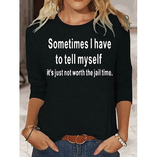 Frauen T-Shirt Langarm Buchstaben Verhalten Mode Langarm Rundhals Regelmäßige Oberteile Täglicher Wochenend Druck Schwarz Blau Khaki Frühling Herbst Frühling Herbst Winter Vorherbst Image