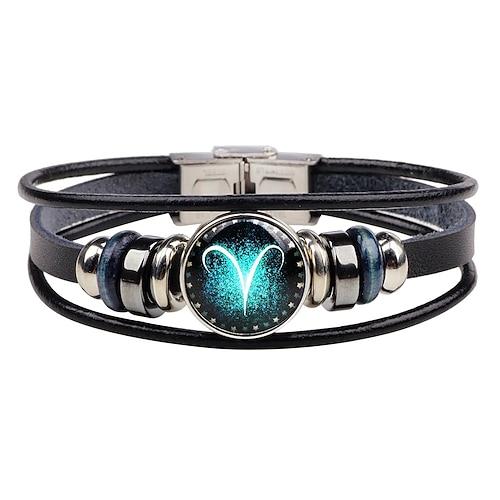 Herren Lederarmband 12 Konstellation Vintage Punk schwarz Sternzeichen Rock Hip-Hop Armband Schmuck
