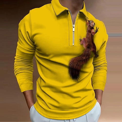 Herren Eichhörnchen Poloshirts mit Reißverschluss Golfshirt Langarm Polo-Shirts Hemden mit Kragen Lässig Lustig Streetwear Urlaubskleidung Party-Outfits 3D-Druck Viertelreißverschluss-Poloshirt Wei Image