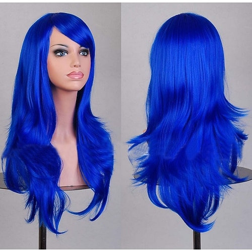 Synthetische Perücke lockig natürliche Welle mit Pony Perücke lang hellgolden silbergrau braun blond pink synthetisches Haar 28 Zoll Frauen Anime süße Party rote blaue Halloween Perücken Image
