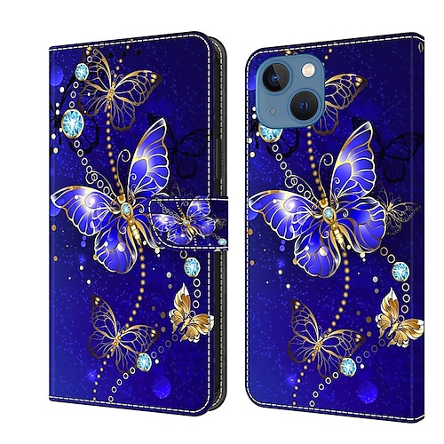 Handy Hülle Handyhüllen Für iPhone 16 15 14 Pro Max Plus 13 12 11 Pro Max Mini Brieftaschenhülle Flip-Cover Mit Ständer Magnetisch Kartenfach Schmetterling Blume Blumendruck TPU PU-Leder Image
