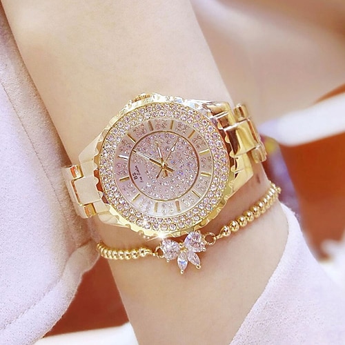Armbanduhr Quarzuhren für Damen Analog Quarz Glitzer Modisch Luxus Bling Strass Armband Edelstahl Edelstahl Mode Geburtstag