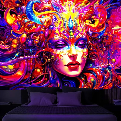Schwarzlicht-Wandteppich, UV-reaktiv, leuchtet im Dunkeln, trippige Frau, Nebel-Glühparty, Karneval, Wandteppich, Wandbild für Wohnzimmer, Schlafzimmer Image