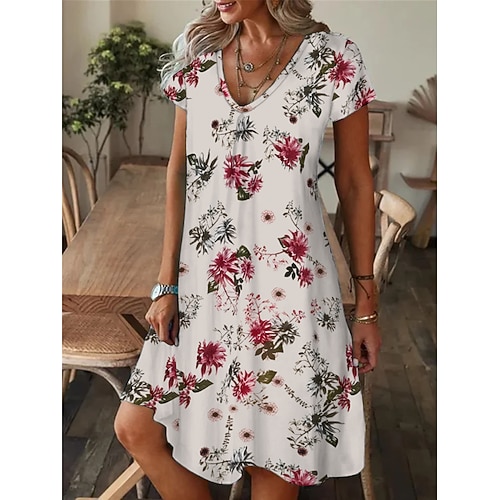 Damen Mini Kleid Petite Kleid T-Shirt Kleid Tee Kleid Shift Kleid Sommer Kleid Bohemia Mode Basic Outdoor Urlaub Party Reguläre Passform Tropisch Kurzarm V-Ausschnitt Schwarz Weiß Gelb Image