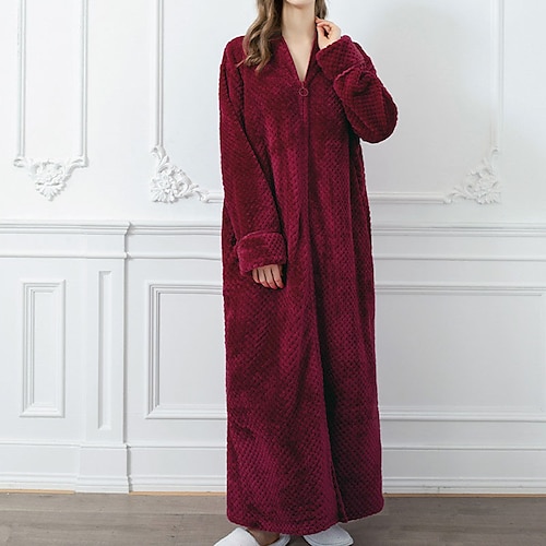 Damen-Fleece-Bademäntel, flauschig, flauschig, warm, Pyjama-Kleid, Bademantel, Nachthemd, 1 Stück, reine Farbe, Plüsch, schlicht, bequem, für zu Hause, tägliches Bett, Korallensamt, warm, Image
