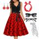 Damen A-Linie Rockabilly-Kleid Polka Dots Swing-Kleid Schlagkleid mit Zubehör-Set 1950er 60er Jahre Retro Vintage mit Stirnband Chiffon-Schal Ohrringe Katzenbrille Sonnenbrille 6-tlg