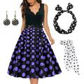Damen A-Linie Rockabilly-Kleid Polka Dots Swing-Kleid Schlagkleid mit Zubehör-Set 1950er 60er Jahre Retro Vintage mit Stirnband Chiffon-Schal Ohrringe Katzenbrille Sonnenbrille 6-tlg