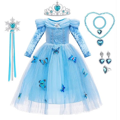 kinderkleidung Mädchen Party Kleid Schmetterling Langarm Leistung Besondere Anlässe Rundhalsausschnitt Prinzessin Süß Gitter Maxi A Linie Kleid Frühling Herbst 4-12 Jahre Blau Image
