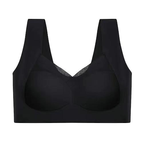 Damen-BHs ohne Bügel, feste Träger, volle Abdeckung, V-Ausschnitt, atmungsaktiv, reine Farbe, Überziehverschluss, lässig, täglich, Nylon, 1 Stück, Schwarz, Rosa / BHsamp;Bralettes / 1-teiliges Image
