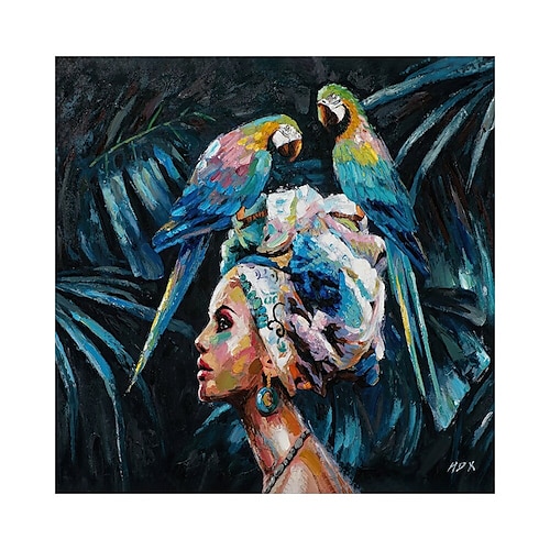 Großes handgemachtes afrikanisches Frauengemälde, handgemaltes Ölgemälde, Wandkunst, nordischer Papagei, afrikanische Frau, Leinwand, abstrakte Malerei, Wandkunst, Bilder, Heimdekoration, gerollte Image