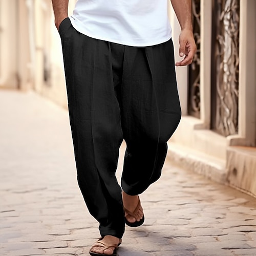 Herren Hose Sommerhose Karottenhose mit schmal zulaufendem Schnitt Strandhose Fronttasche Falten Einfach Komfort Atmungsaktiv Lässig Täglich Ferien Mode Basic Schwarz Weiß Image