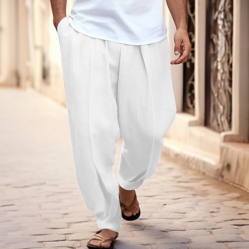Herren Hose Sommerhose Karottenhose mit schmal zulaufendem Schnitt Strandhose Fronttasche Falten Einfach Komfort Atmungsaktiv Lässig Täglich Ferien Mode Basic Schwarz Weiß Image