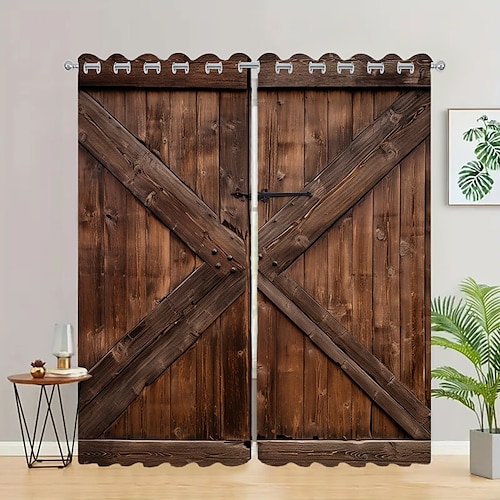 Verdunkelungsvorhänge, Bauernhaus-Ösen, Scheunenholztür-Vorhangpaneele für Wohnzimmer, Schlafzimmer, Tür, Küche, Fenster, Behandlungen, thermisch isolierte Raumverdunkelung Image