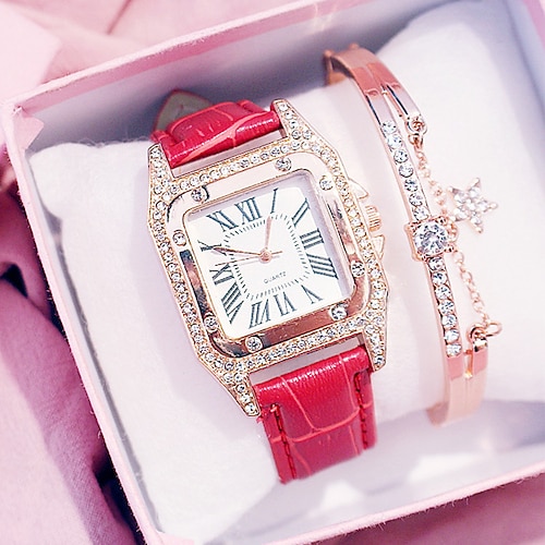 Quarz-Uhren Valentinstagsgeschenk für Frauen Damen Analog Diamant Uhr Sternenhimmel quadratisches Zifferblatt Armbandset Damen Lederband Armbanduhr Damen Uhr