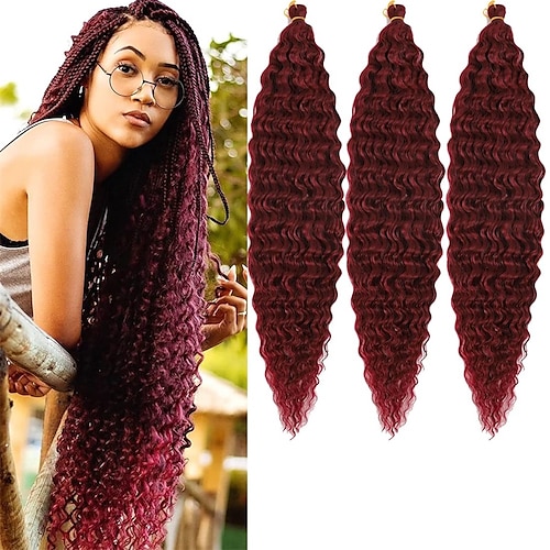 24-Zoll-Ozeanwellen-Häkelhaar, tiefe Welle, Twist-Häkelhaarverlängerung, lockiges Flechthaar, 3 Packungen lange, gewellte Wasserwellen-Zöpfe für Frauen, synthetisches Häkel-Zopfhaar Image