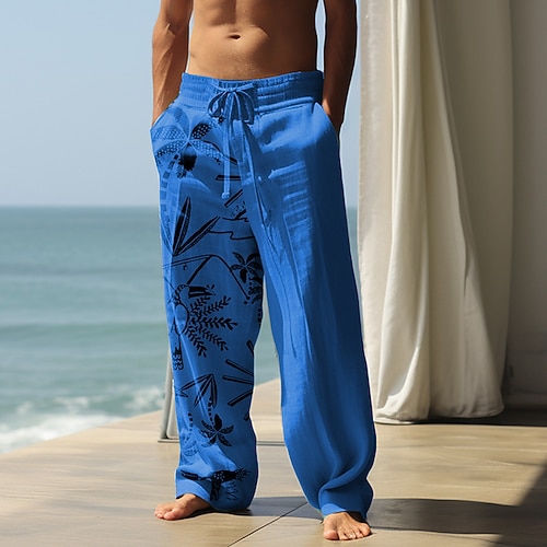 Herren Kokospalme Grafikdrucke Leinenhosen Hose Sommerhose Mittlere Taille Streetwear Hawaiianisch Designer Lässig Täglich Ferien Kordelzug Elastischer Bund 3D-Druck Frühling Sommer 3D-Druck Blau Image
