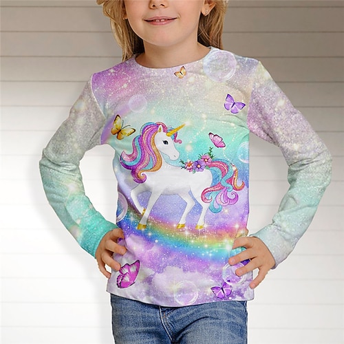 kinderkleidung Mädchen T-Shirt Tier Casual 3d Drucken Langarm Rundhalsausschnitt Kuschelig 7-13 Jahre Herbst Mehrfarbig Weiß Rosa Image