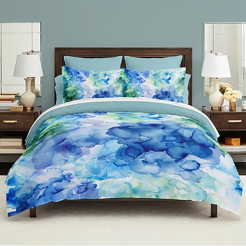 Bettbezug-Set mit blauem Farbverlauf und Muster, Bettdecken-Set, weiches 3-teiliges Luxus-Baumwoll-Bettwäsche-Set, Heimdekoration, Geschenk, King-Size-Bett, Queen-Size-Bett, dreiteiliges Set Image