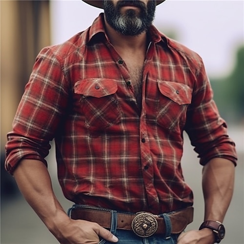 Herren Karomuster Hemd Westernhemd Cowboy-Shirt Langarm Vintage Westernstil Alltagskleidung Ausgehen Wochenende Herbst Winter Umlegekragen Tasche Druck Button-Down Schwarz Burgunderrot Khaki Grau Image