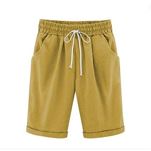 Damen Casual Shorts Senfgelb Knielang Elastischer Kordelzugbund Baumwollmischung Uni Sommer Sportbekleidung Strandmode Lounge Bequeme Passform